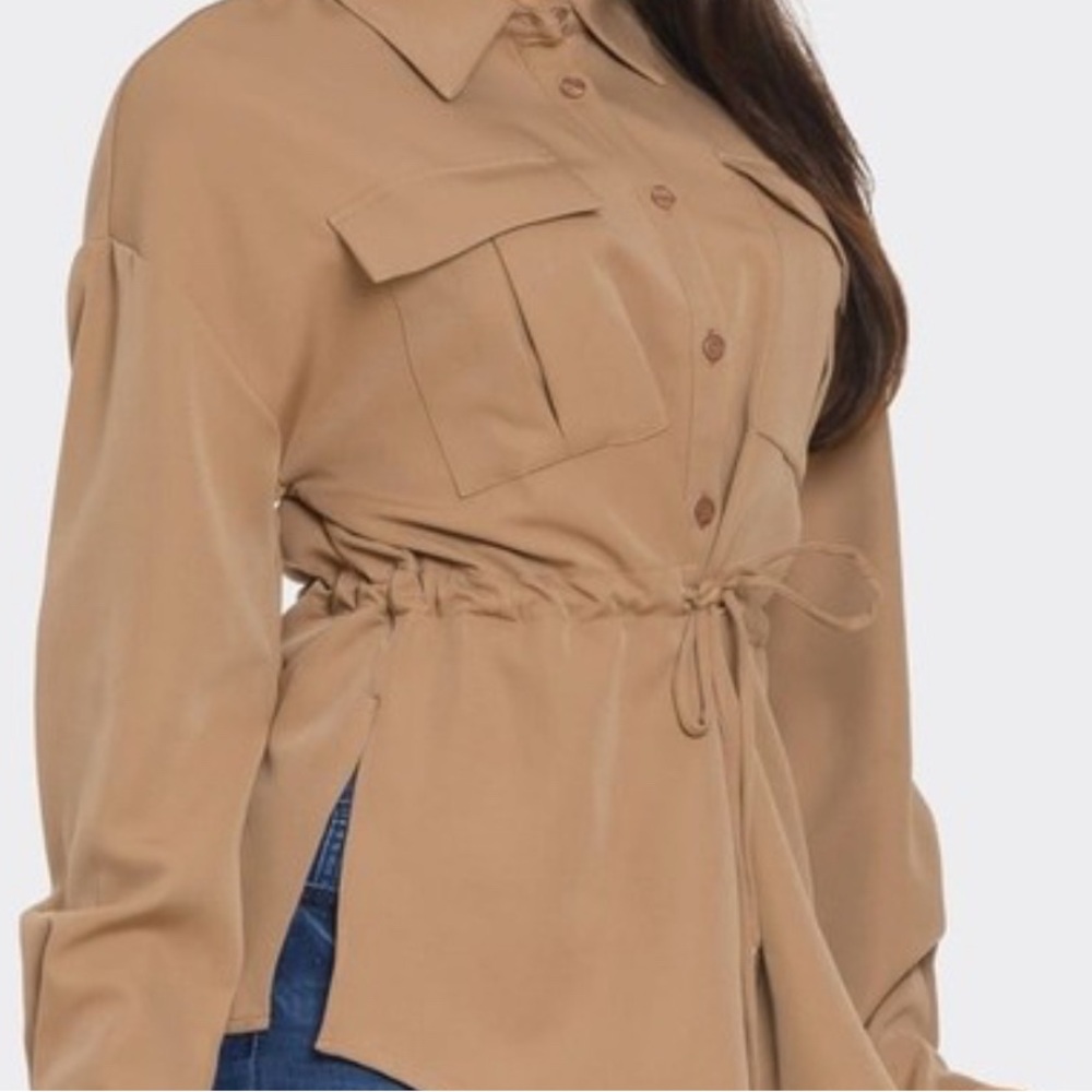 Tan Button-Up Shirt with Drawstring Waist